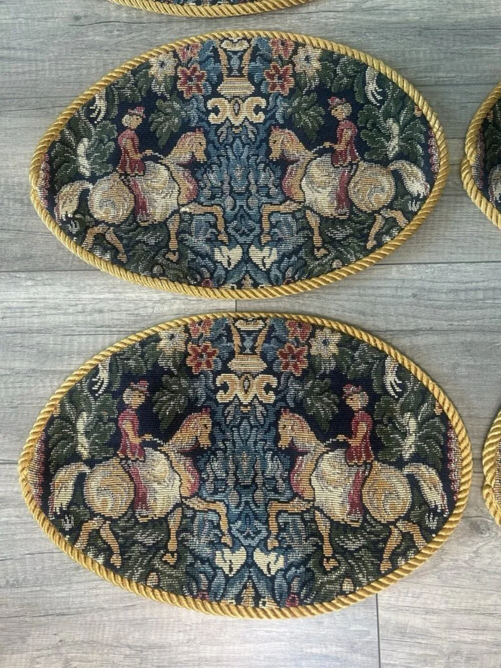 Set 6 Equestrian Horse Tapestry Oval Placemats Gold Cord English Country Vintage